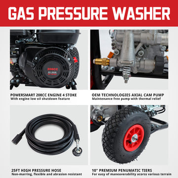 3200PSI Gas Pressure Washer with 208cc Engine, 2.5 GPM